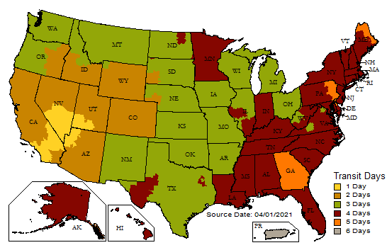 UPS Transit Map showing delivery times from the Foundation for A Course in Miracles in Henderson, Nevada.